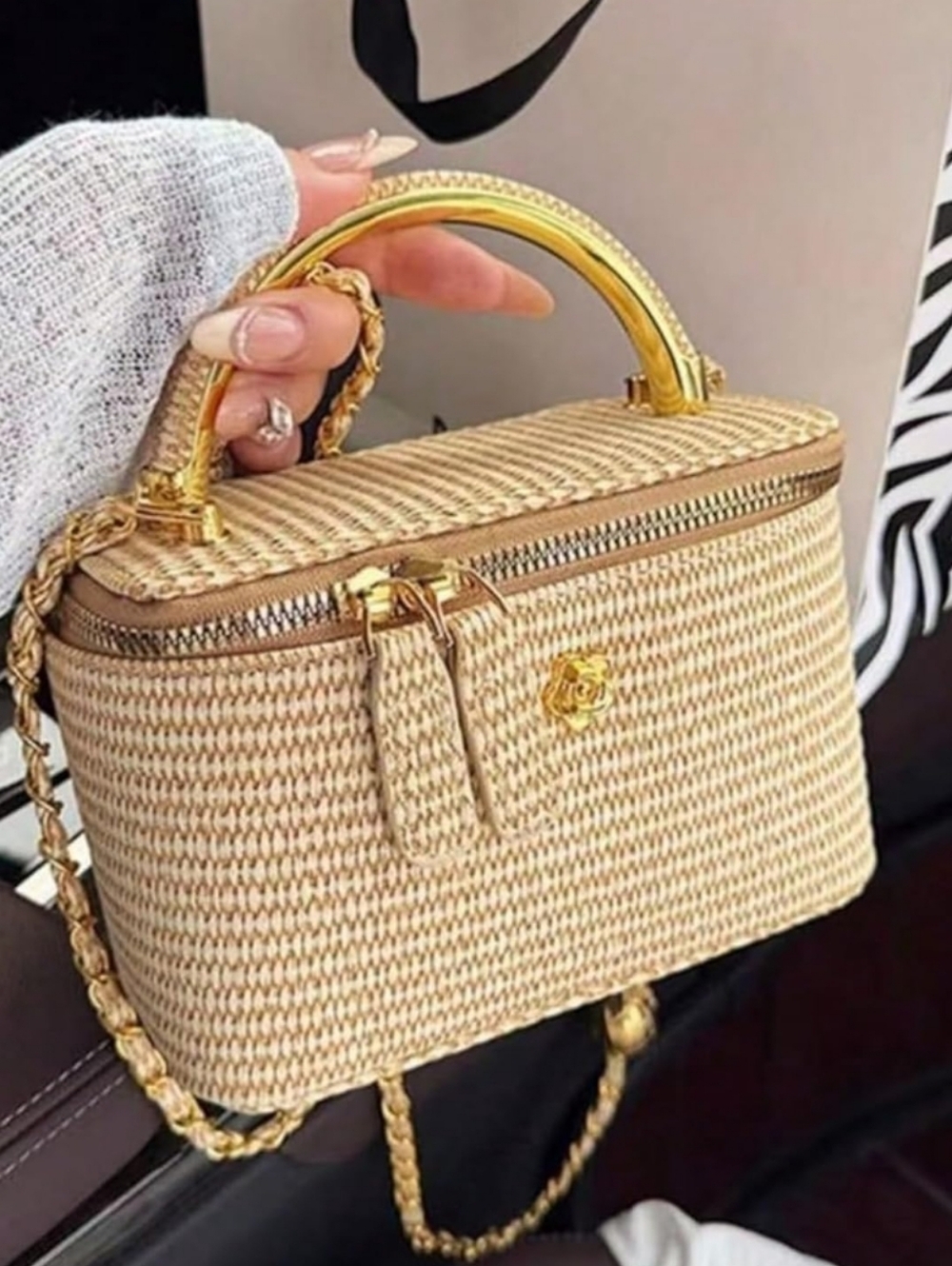 Woven Straw Top-Handle Shoulder Bag in Cream and Tan - Picture 9 of 17